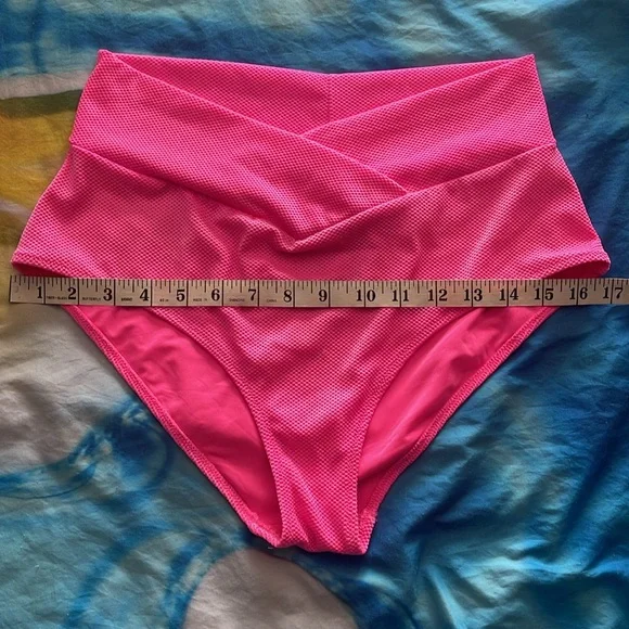 Striped Black and White Bikini Top with Pink Aerie High-Waist Bottom Set - Picture 12 of 14